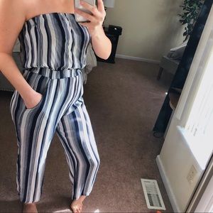 Strapless striped jumpsuit with pockets
